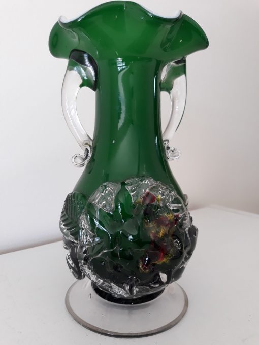 Green Art Glass Vase with Rose