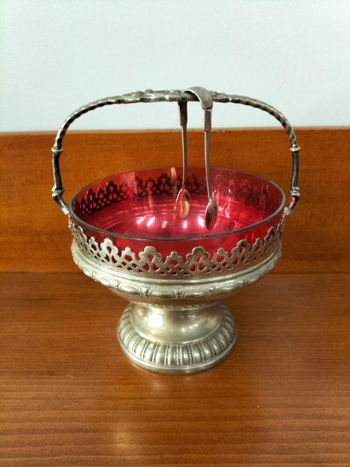 Silver Plate Basket with Ruby Glass Liner & Tongs