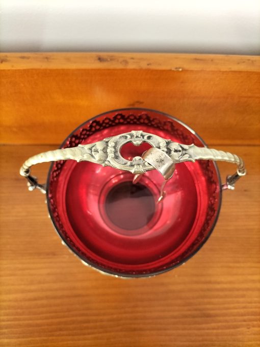 Silver Plate Basket with Ruby Glass Liner & Tongs - Image 2